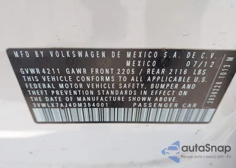 2013 Volkswagen Jetta 2.5L Sel z USA, uszkodzony, nr VIN 3VWLX7AJ4DM354001